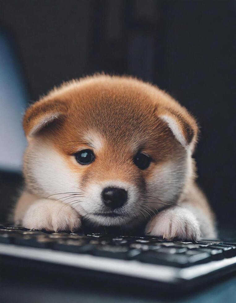 Puppy dog Shiba Inu's face rests its chin against the computer keyboard isolated in a studio setting with a black background photo