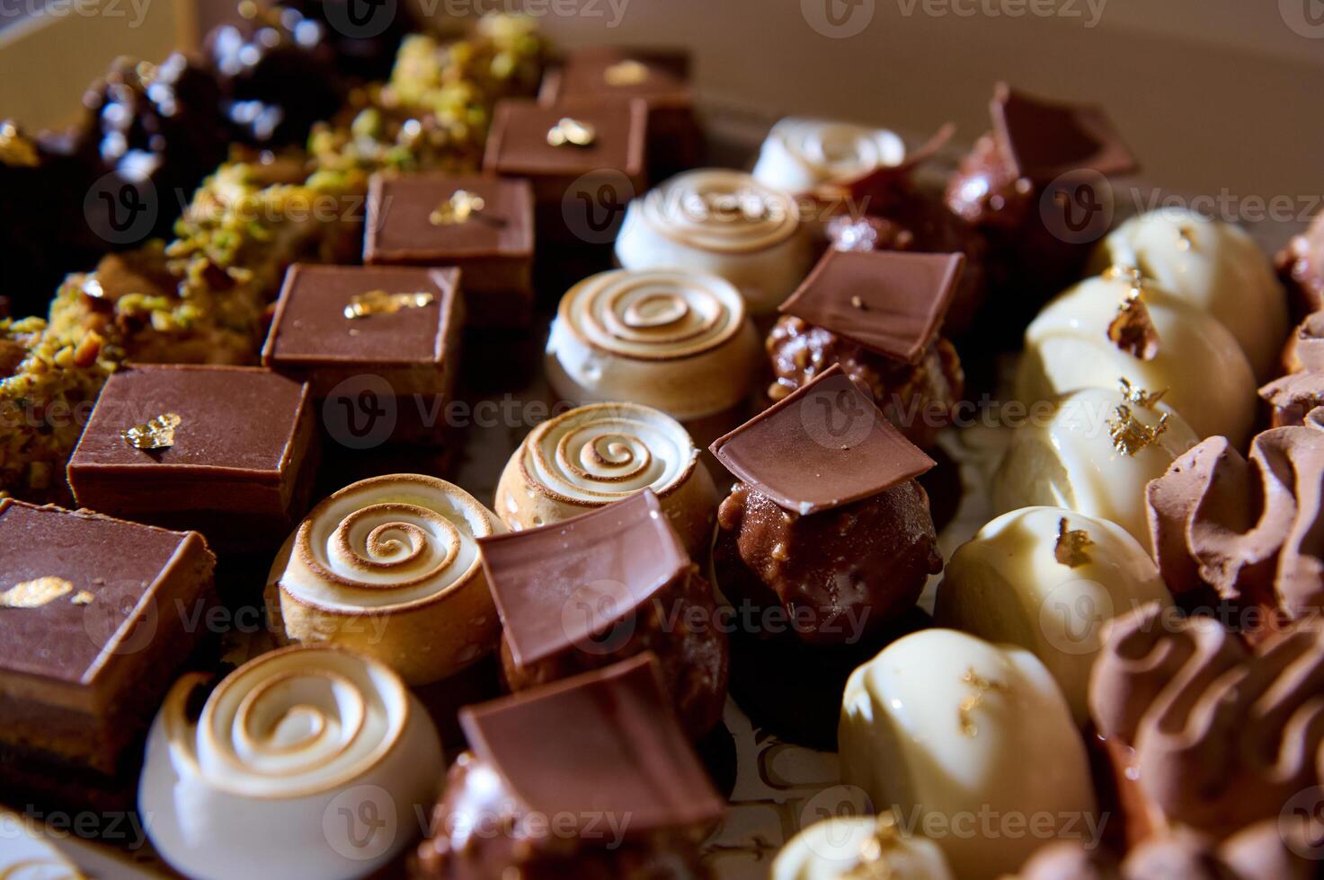 Assortment of gourmet pastries and chocolates on display at a bakery photo