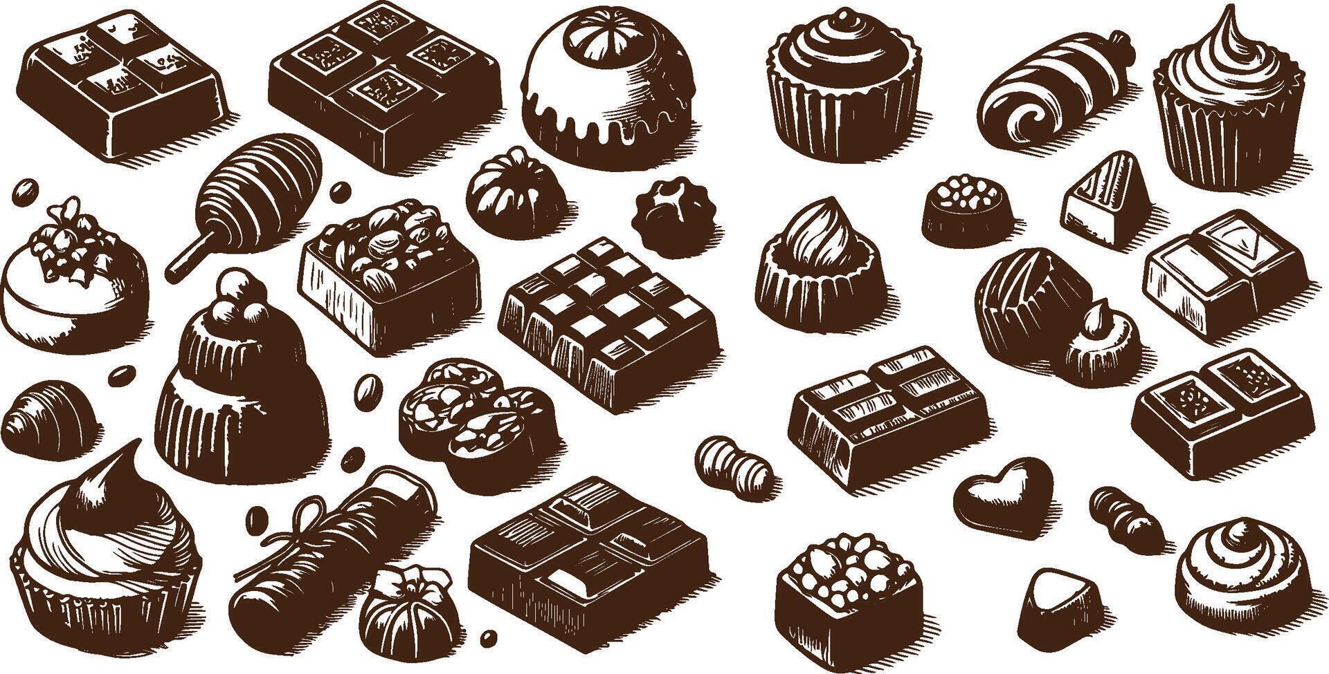 black and white hand drawn illustration of assorted chocolates vector