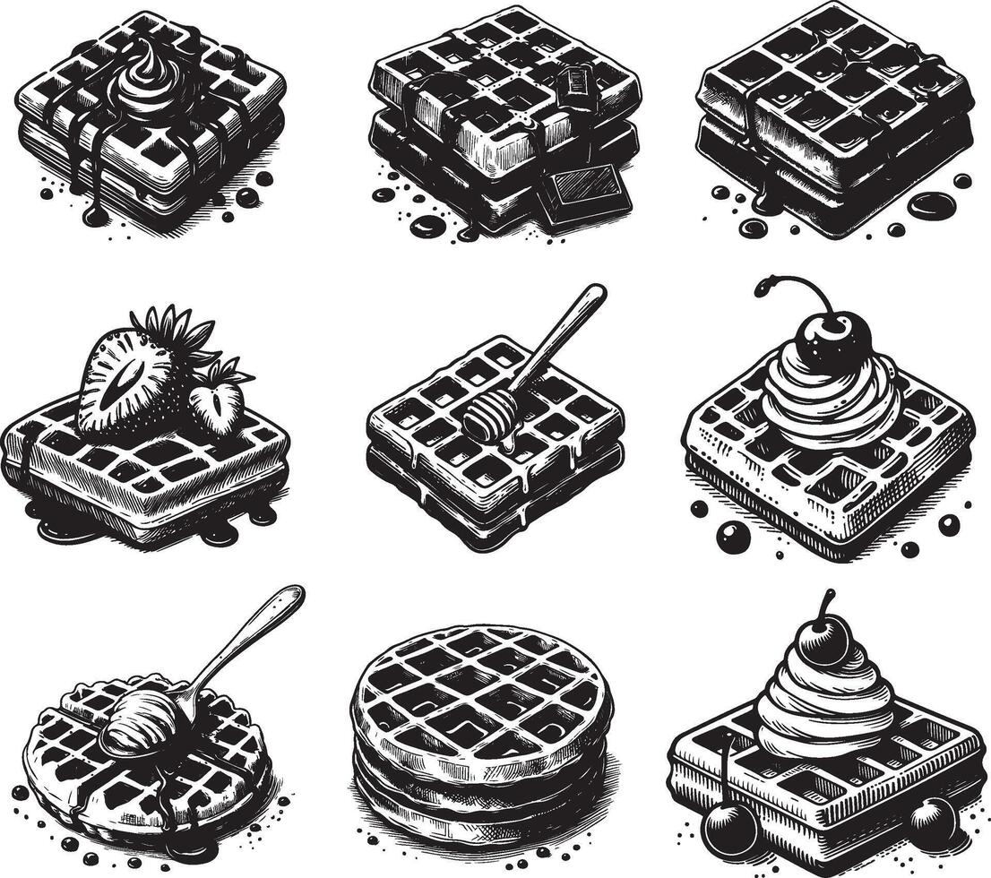 hand drawn waffle sketch set vector