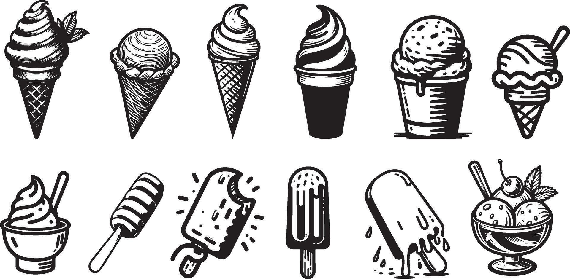 silhouette ice cream illustration set vector