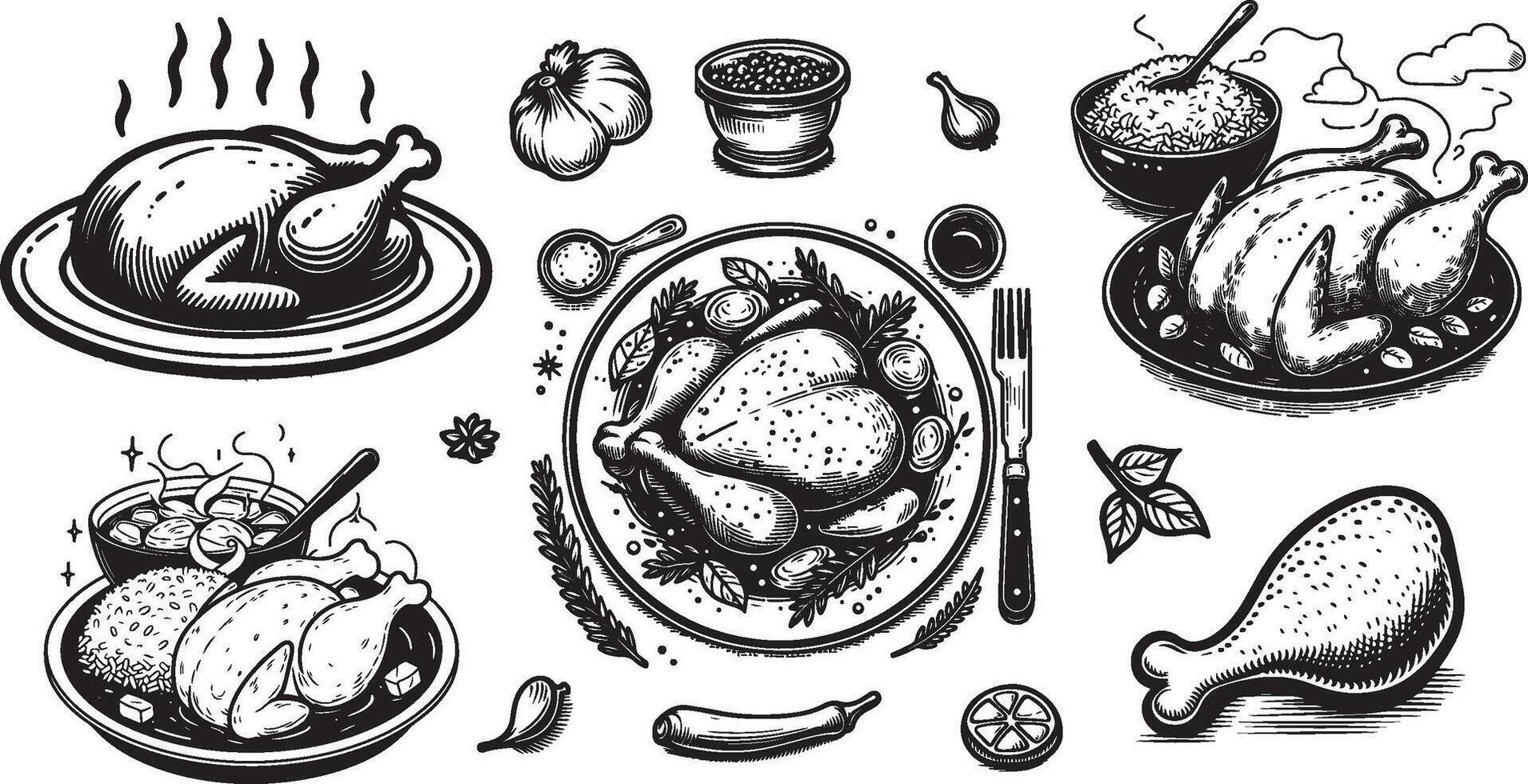 hand drawn black and white chicken roast illustration set vector