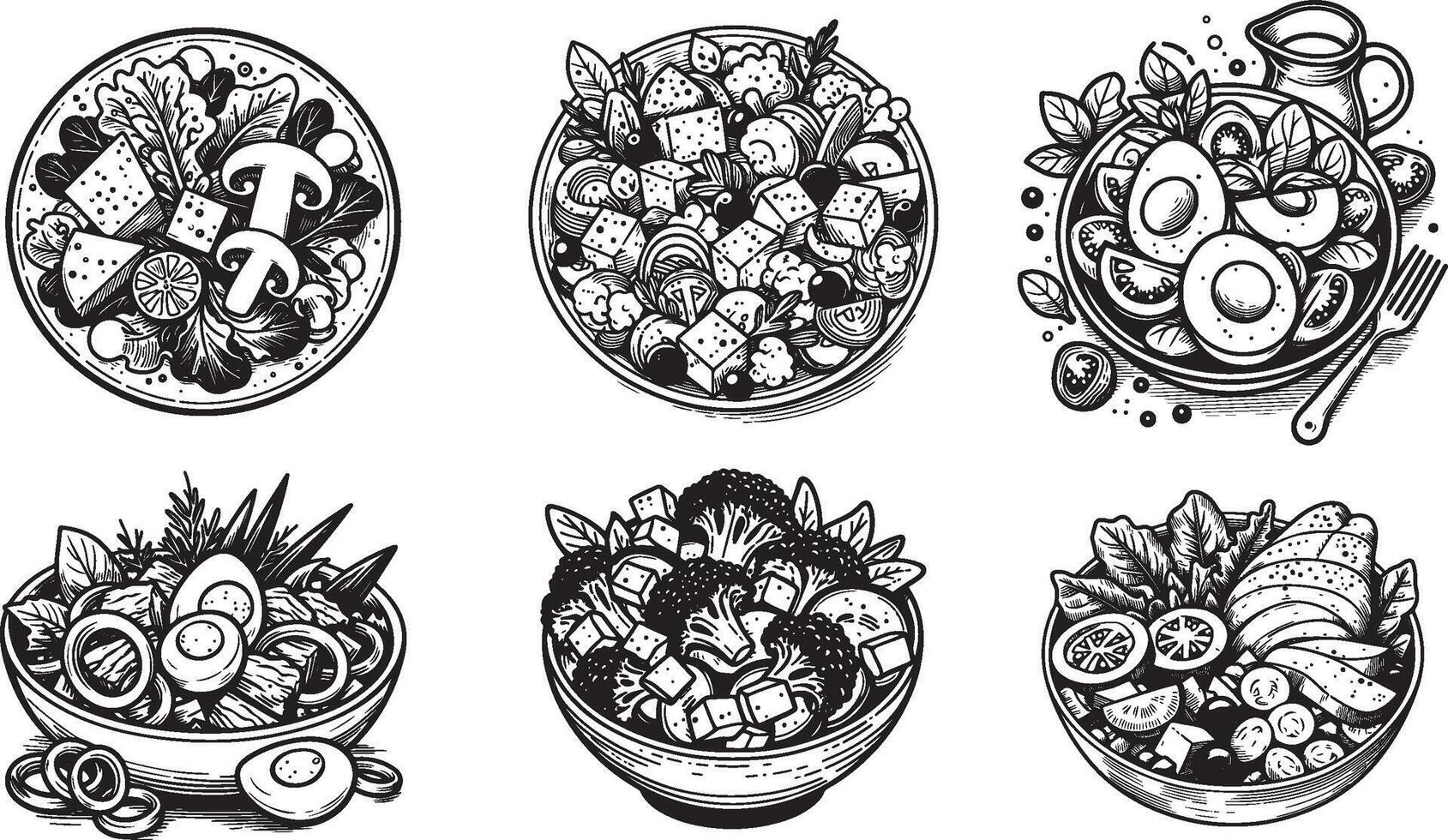 silhouette hand drawn vegetable salad illustration set vector