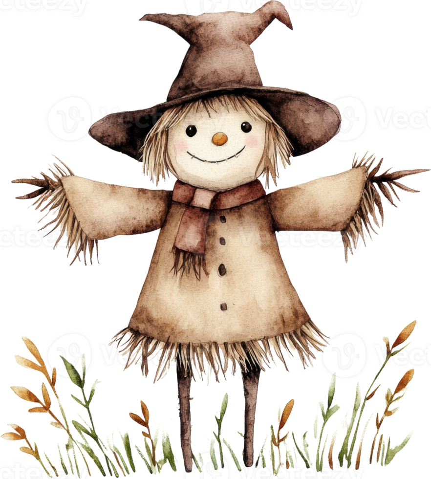 Charming Watercolor Scarecrow in Rustic Attire with Warm Expressions png