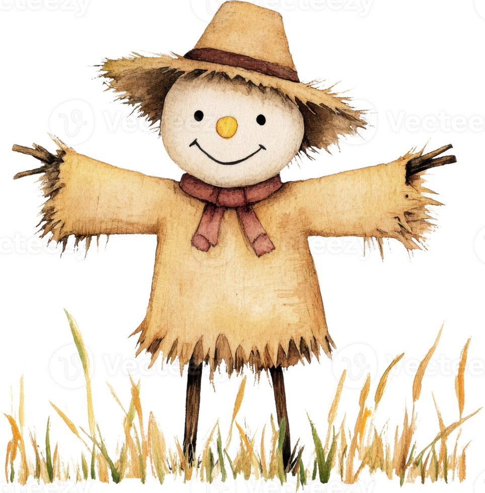 Adorable Scarecrow in Straw Hat Greeting from the Wheat Field png