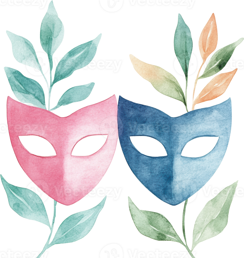 Delicate Duality A Pair of Watercolor Masks Amidst Lush Leaves png