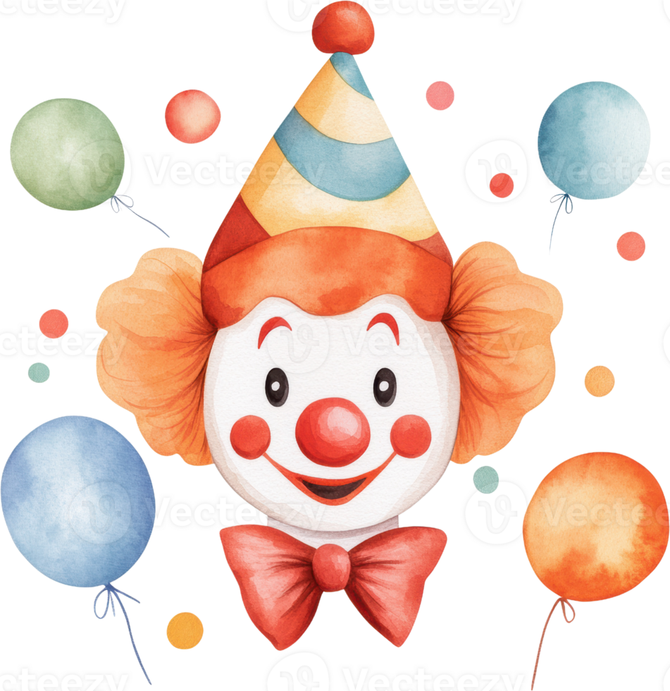 Vibrant and Smiling Clown Head Surrounded by Colorful Balloons png