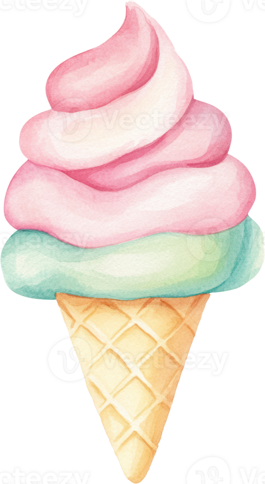 Watercolor Delight A Scoop of Pastel Ice Cream in a Cone png