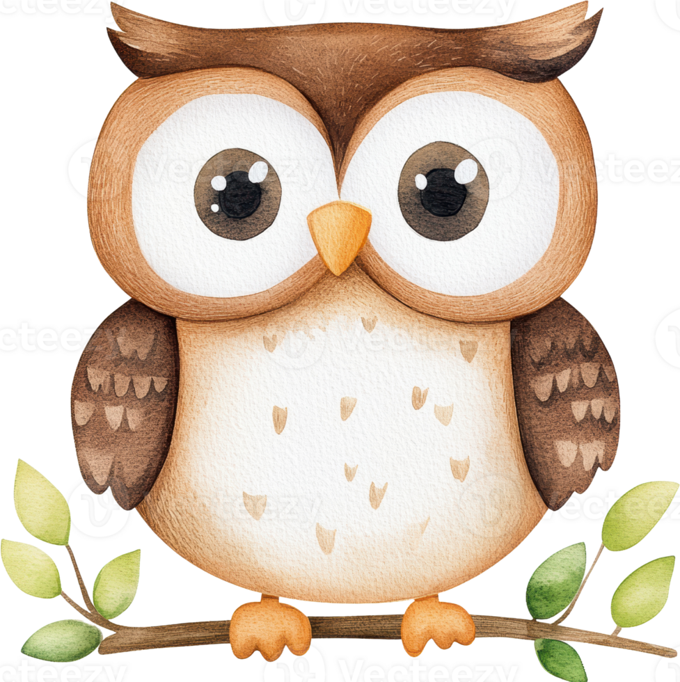 Adorable Owl Perched on a Branch With Big Eyes and Vibrant Leaves png