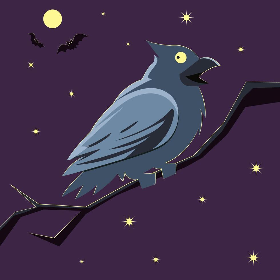 isolated one halloween cute raven on dark background with two bats. halloween digital illustration vector