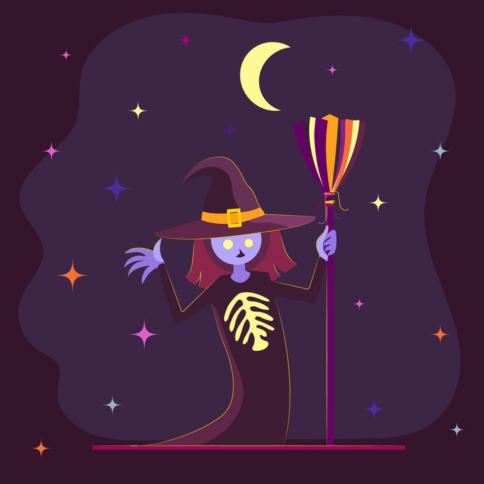 little strange witch monster in violet hat with colorful magic broom on the dark background. halloween simple flat art vector