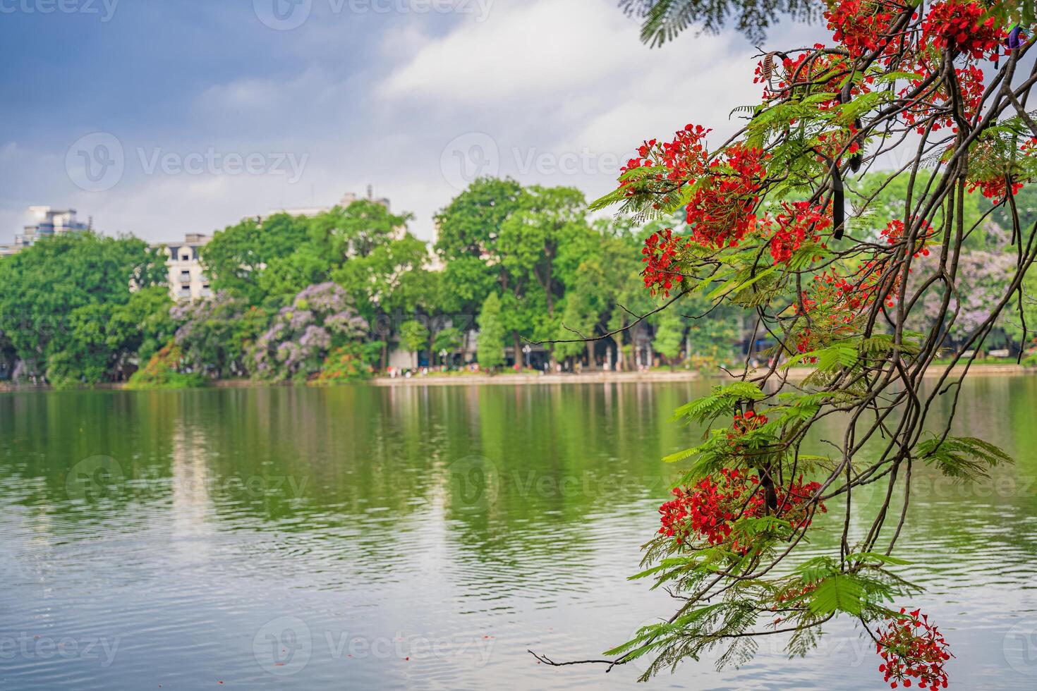 Hoan Kiem lake or Sword lake, Ho Guom in Hanoi, Vietnam with Turtle Tower, on clear day with blue sky and white clouds photo