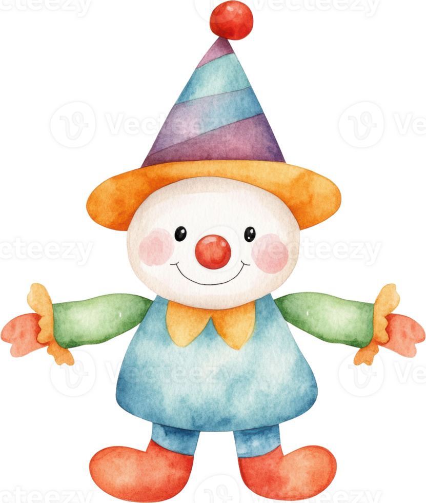 Adorable Watercolor Clown in Colorful Costume and Hat png