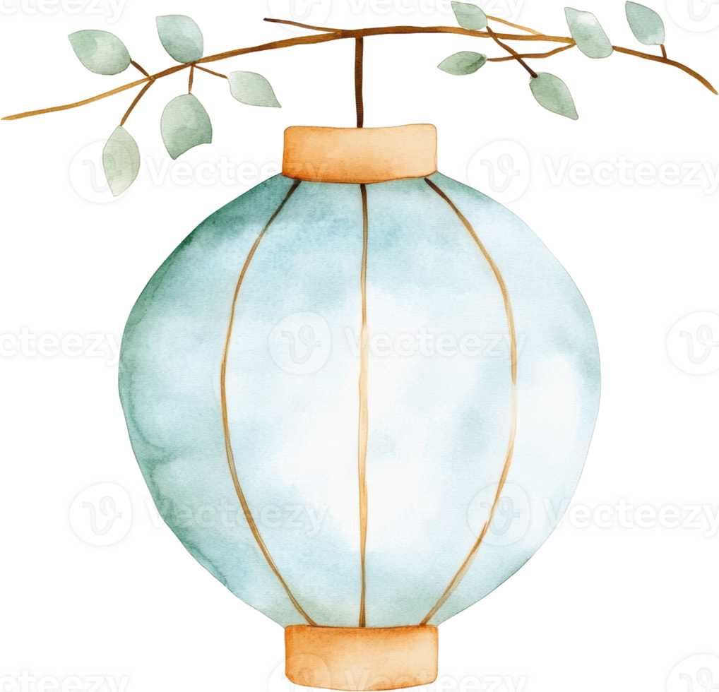 Delicate Watercolor Lantern Hanging from a Branch with Leaves png