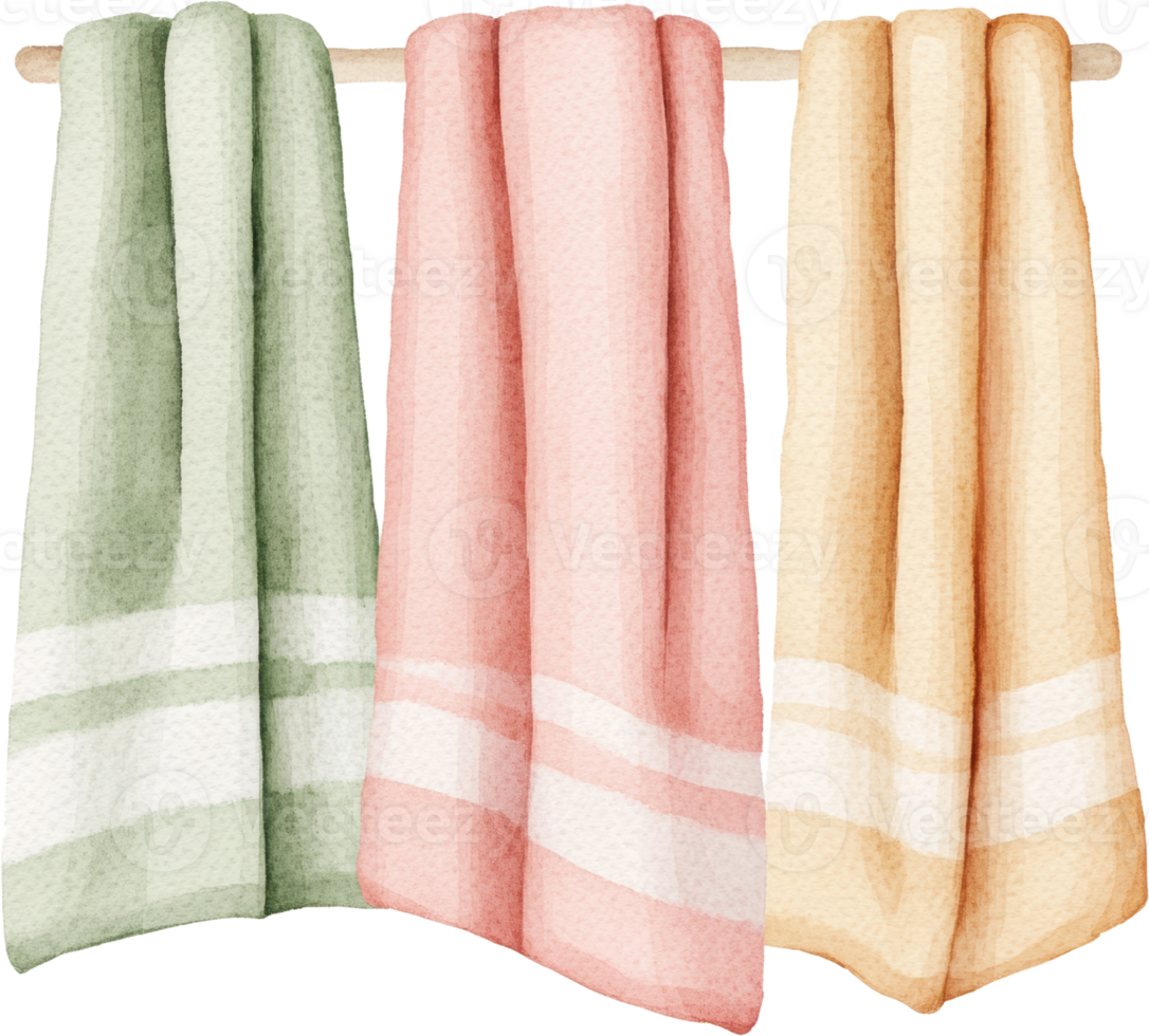 Soft pastel towels hanging neatly on a wooden rod png