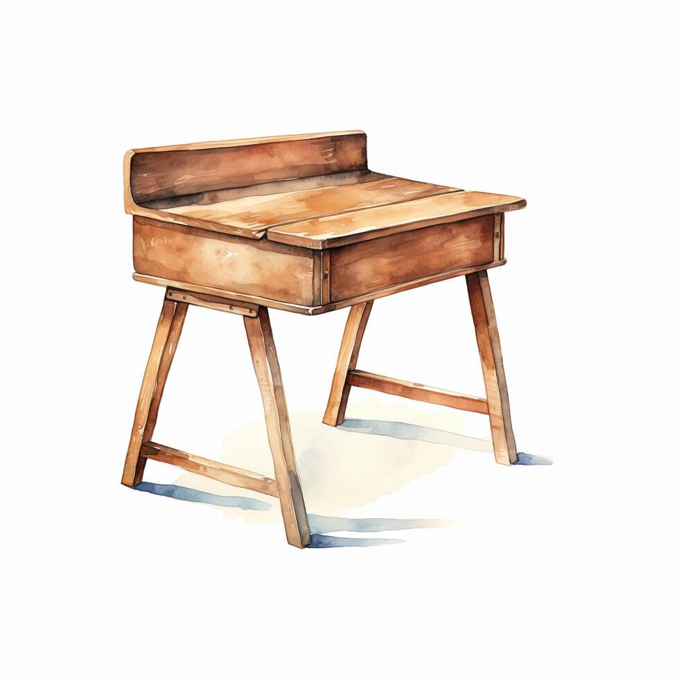 Watercolor wooden school desk on white background, illustration vector