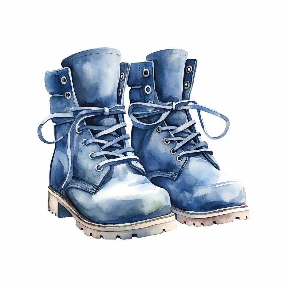 Watercolor blue pair boots, shoe illustration vector