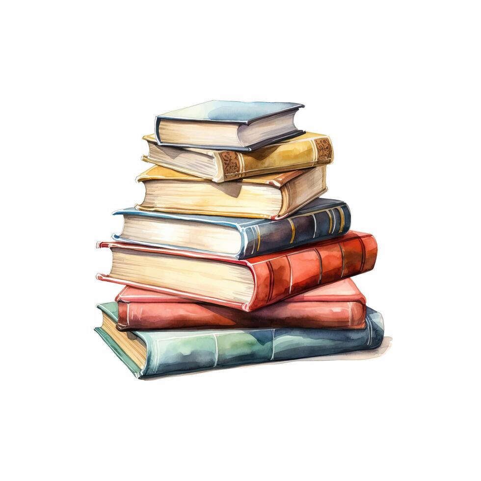Watercolor stack of school books on white background, illustrati vector