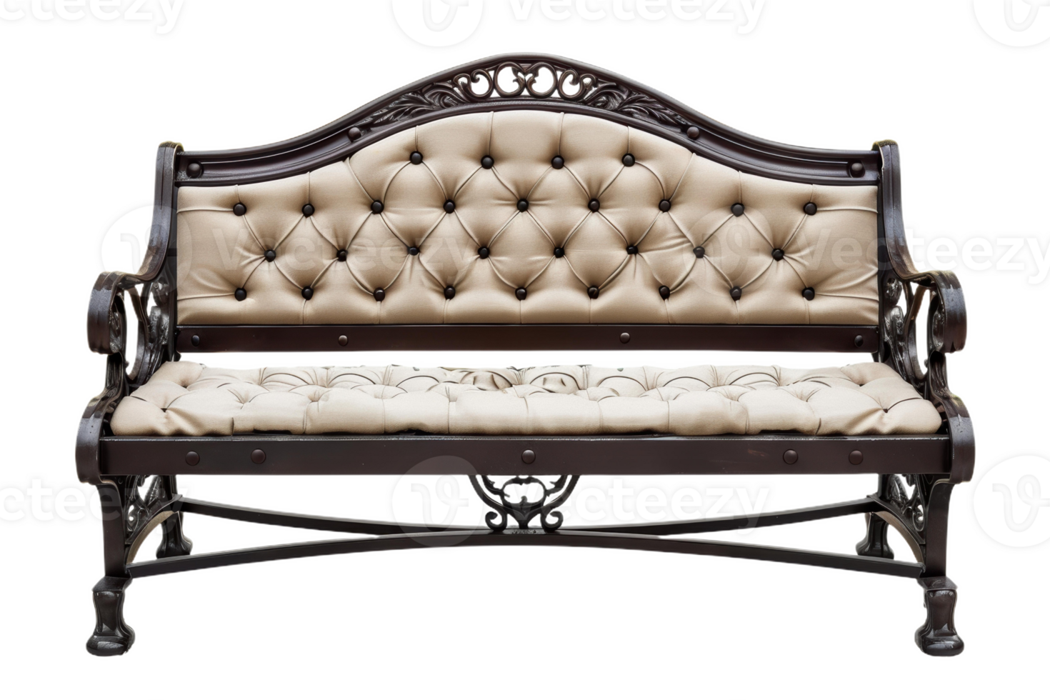 Ornate Garden Bench With Buttoned Upholstery png