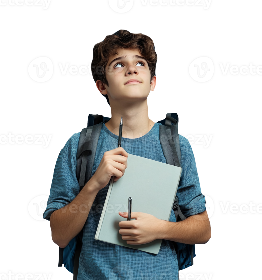 A young boy with a backpack holding a notebook and pen png