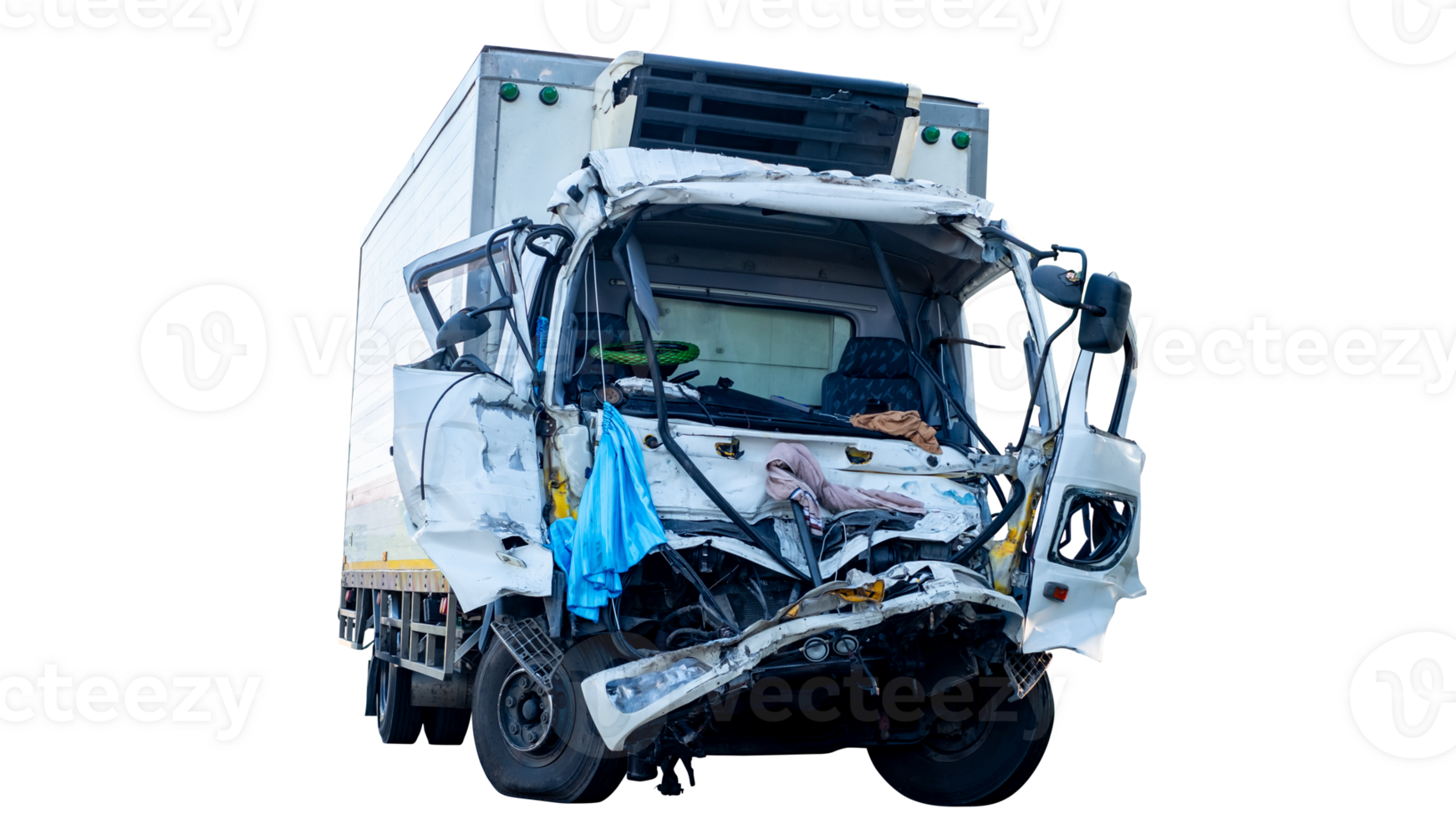 Full body of Front and side view old big truck get damaged by accident on the road. damaged cars after collision. isolated on transparent background, File png