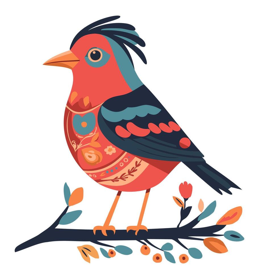 Decorative folk bird on blooming tree branch. isolated illustration vector