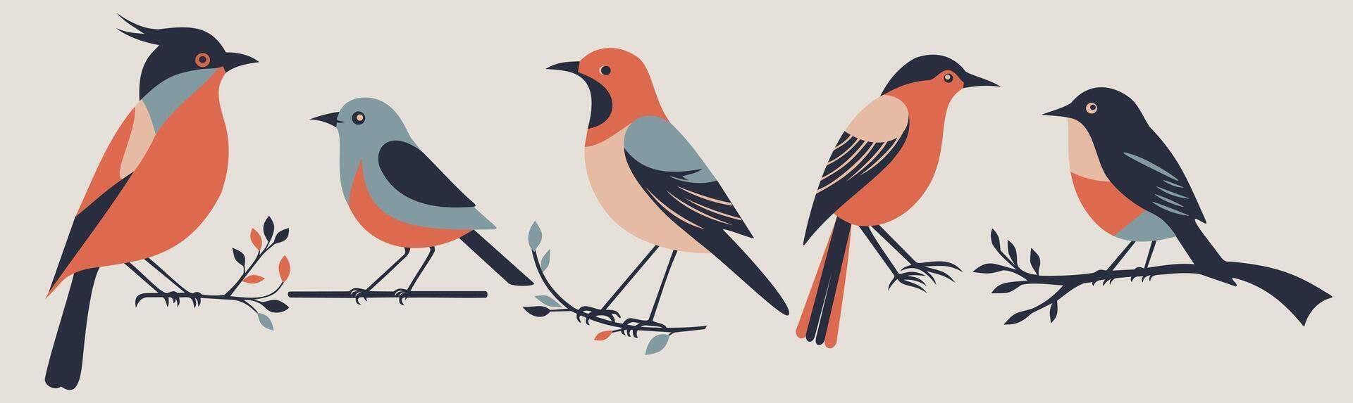 set of decorative folk birds isolated on light beige background vector