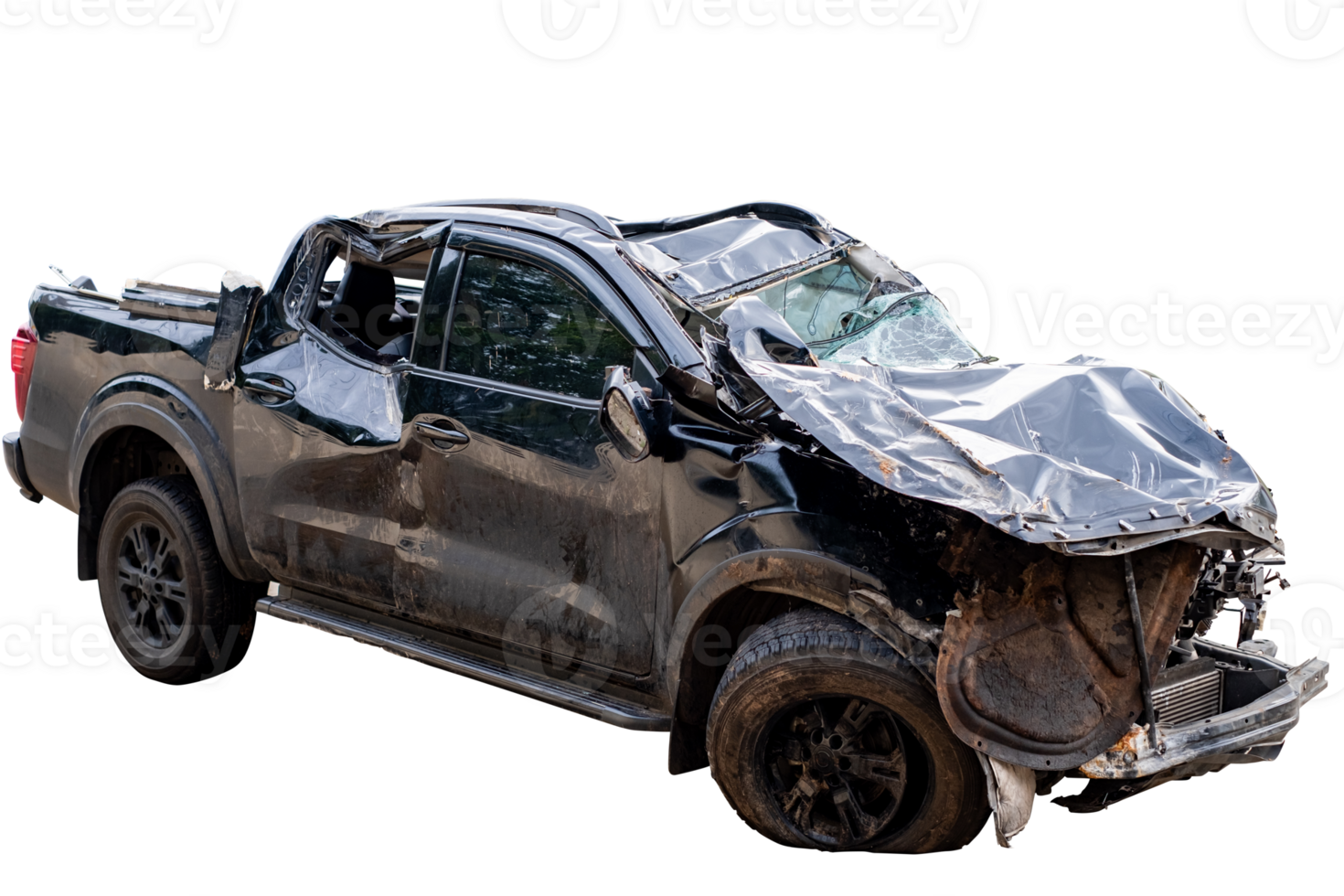 Car crash, Front and Side view of new black pickup car get damaged by accident on the road. damaged cars after collision. isolated on transparent background, car crash bumper, File png