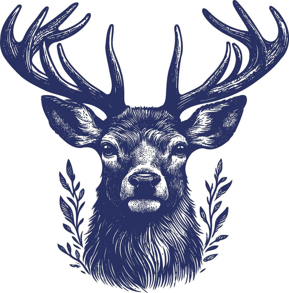Deer Head Engraving illustration Design, isolated on white background vector