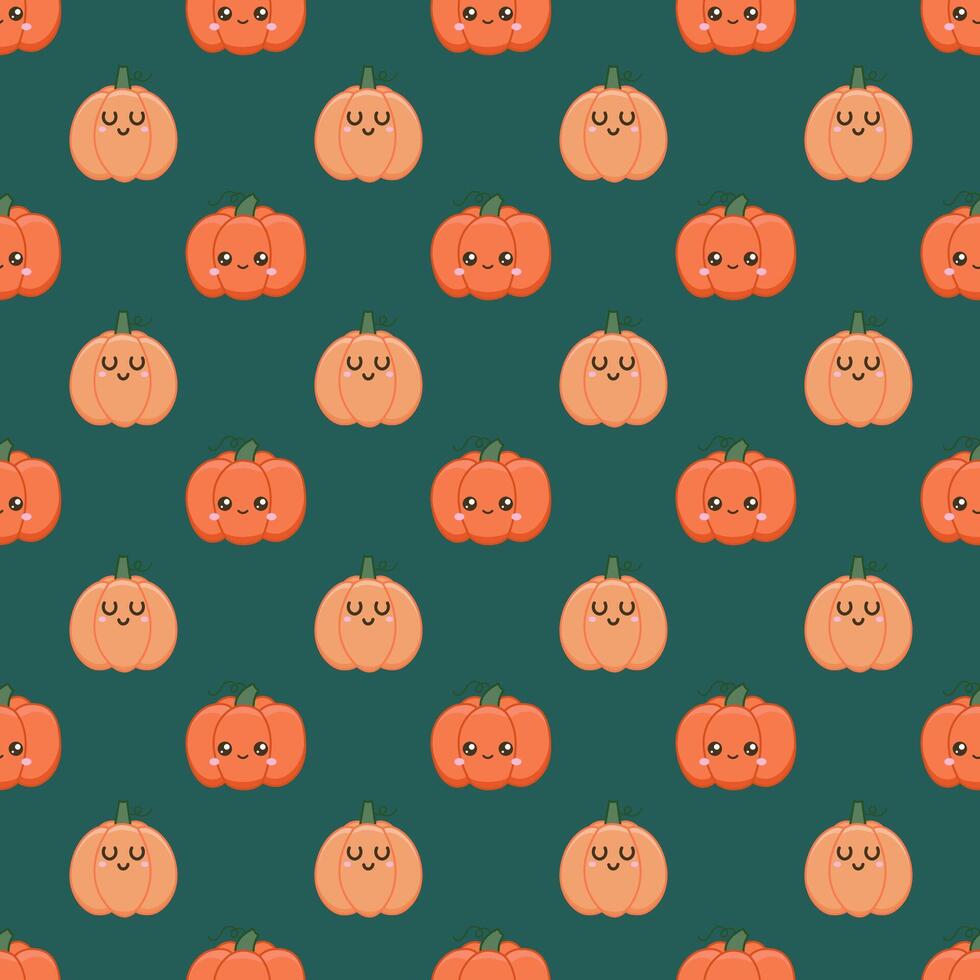 Background for the harvest festival. A ripe pumpkin with a cute face. Seamless pattern with kawaii vegetable character vector
