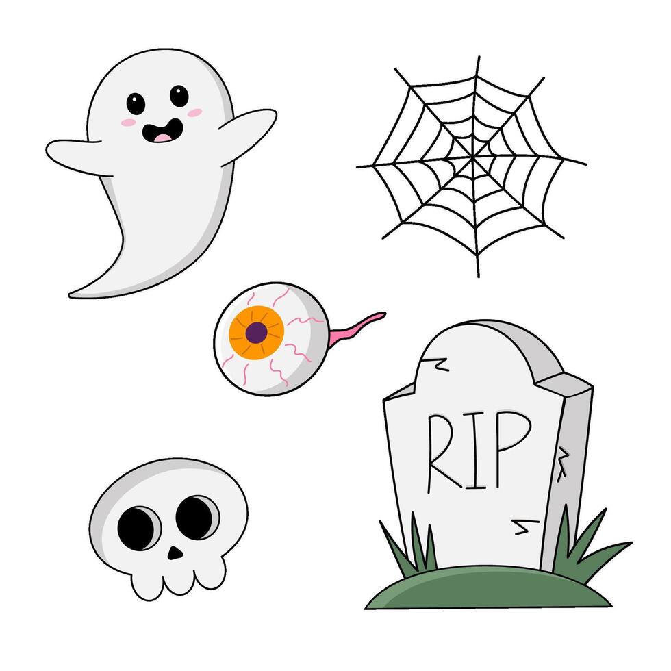 Set of elements for Halloween, kawaii ghost, grave, skull, eye, spider web. Halloween Holiday Decorations vector