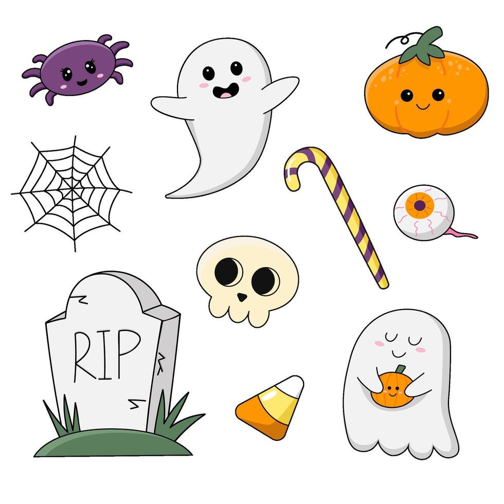 A set of items for a happy Halloween holiday. ghosts, pumpkins, lanterns, skull, eye, candy, spider and web, grave vector