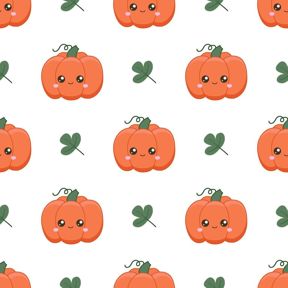 Background for the harvest festival. A ripe pumpkin with a cute face. Seamless pattern with kawaii vegetable character vector