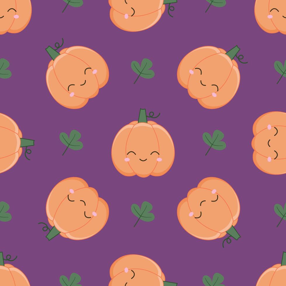 Background for the harvest festival. A ripe pumpkin with a cute face. Seamless pattern with kawaii vegetable character vector