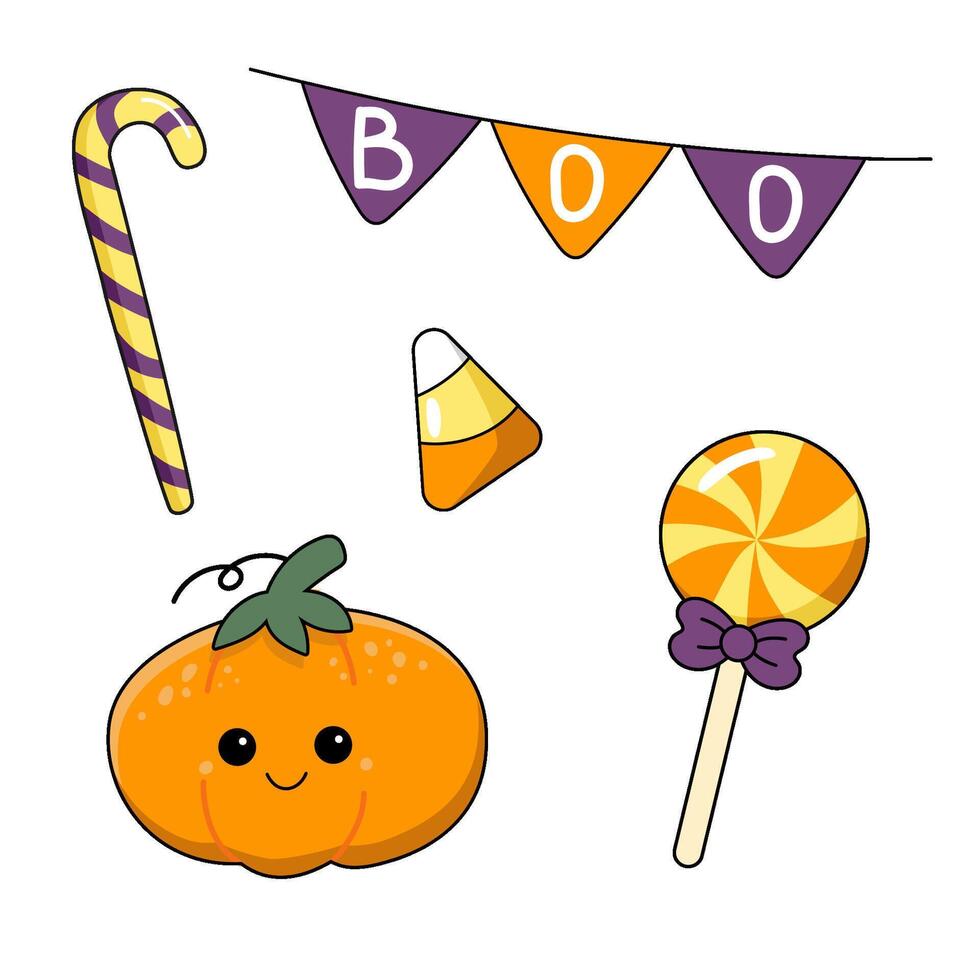 Halloween Element Set, Kawaii Pumpkin, Sweets, Candies, Boo Flags. Sweets for the game trick or treat vector