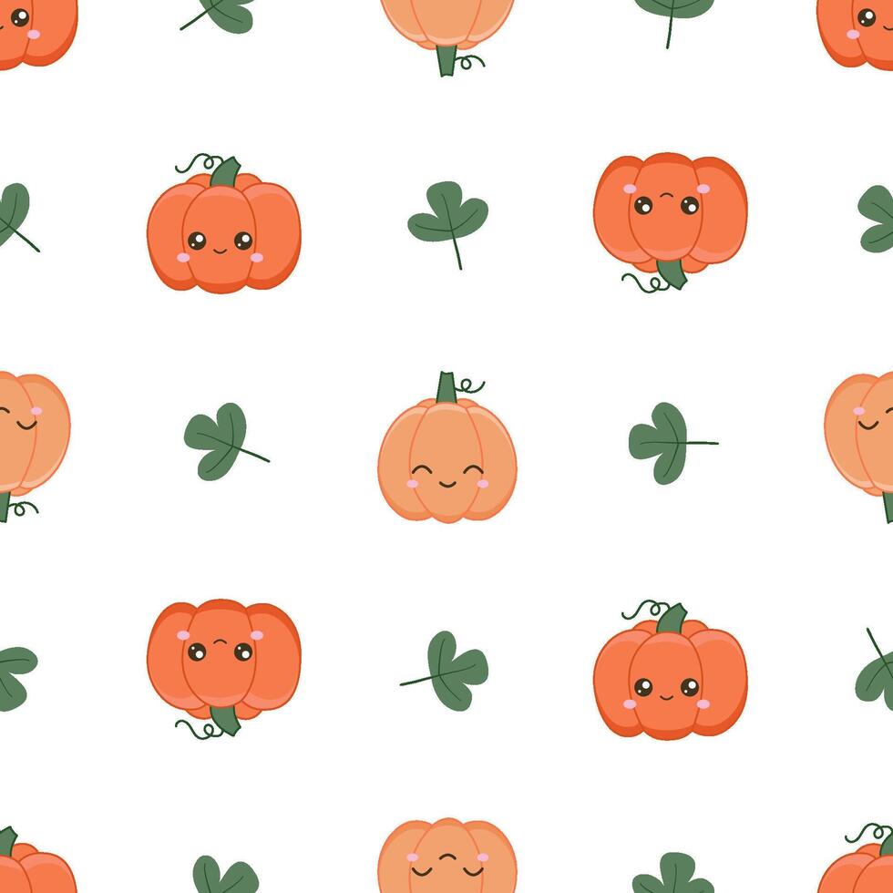 Background for the harvest festival. A ripe pumpkin with a cute face. Seamless pattern with kawaii vegetable character vector