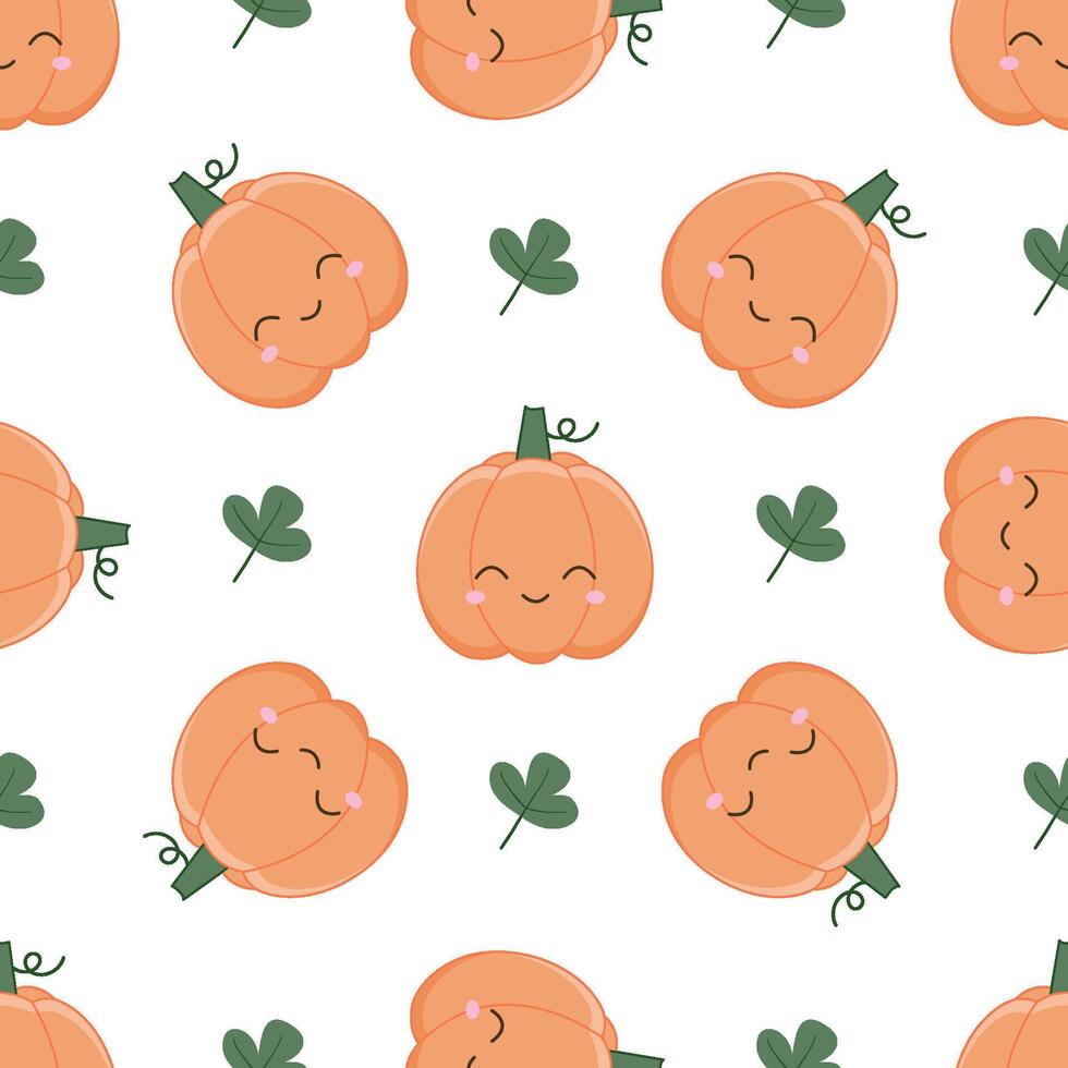 Background for the harvest festival. A ripe pumpkin with a cute face. Seamless pattern with kawaii vegetable character vector