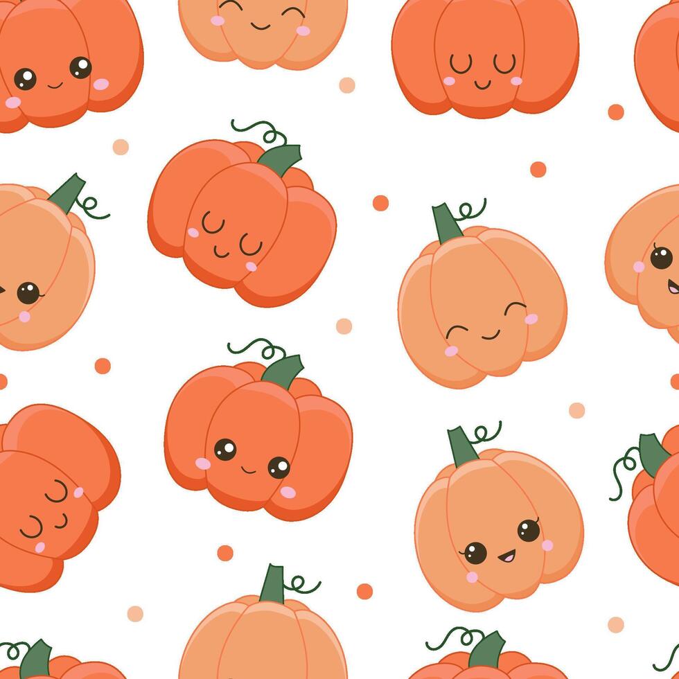 Background for the harvest festival. A ripe pumpkin with a cute face. Seamless pattern with kawaii vegetable character vector