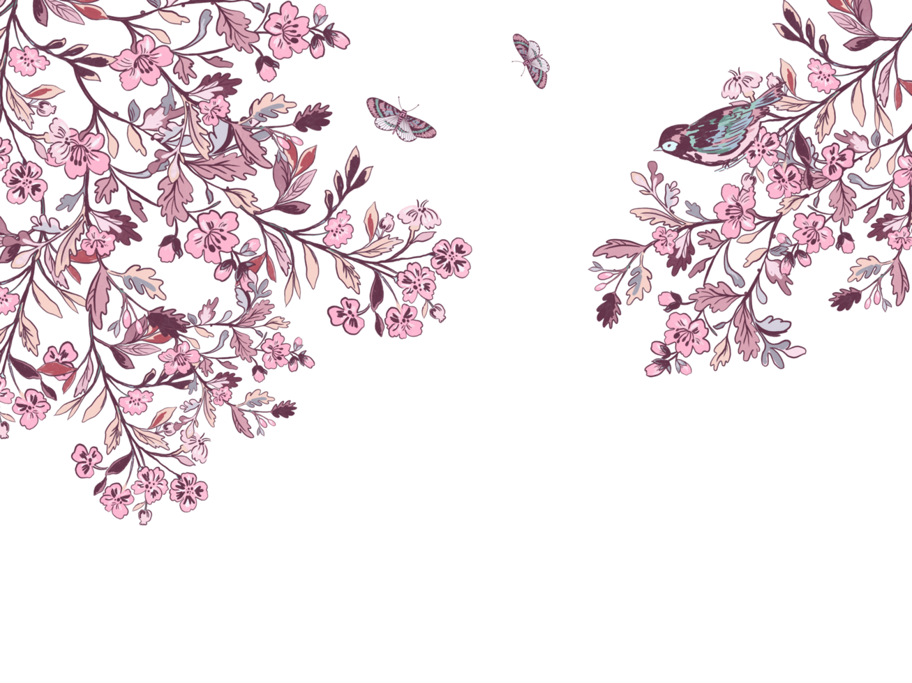 Blossom tree Clip art, set of elements for design Butterfly with little bird illustration png