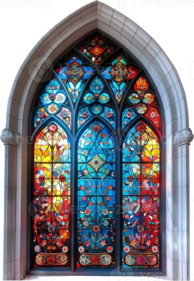 A stained glass window with a blue arch and red and yellow colors. The window is very colorful and has a lot of detail png