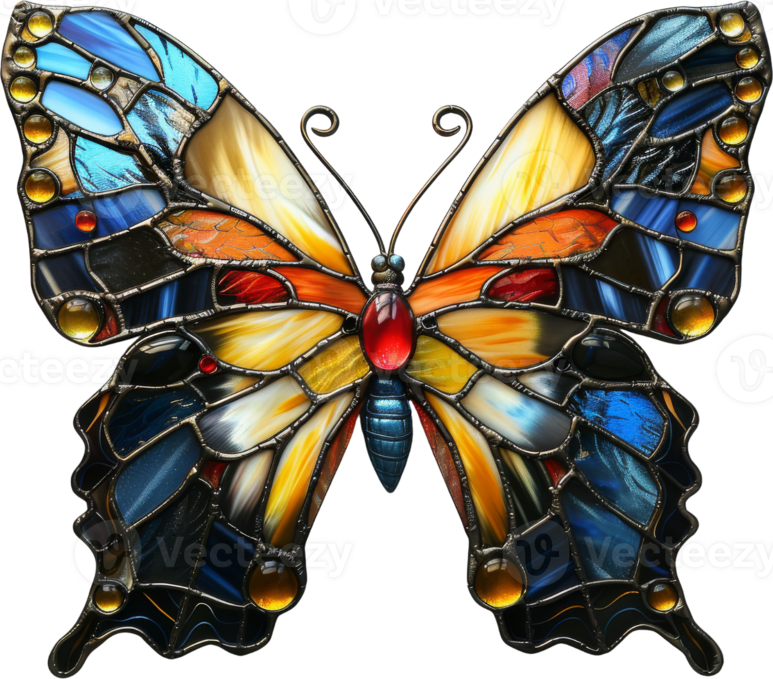A colorful butterfly with a metallic frame. The butterfly is made of stained glass and has a metallic frame png