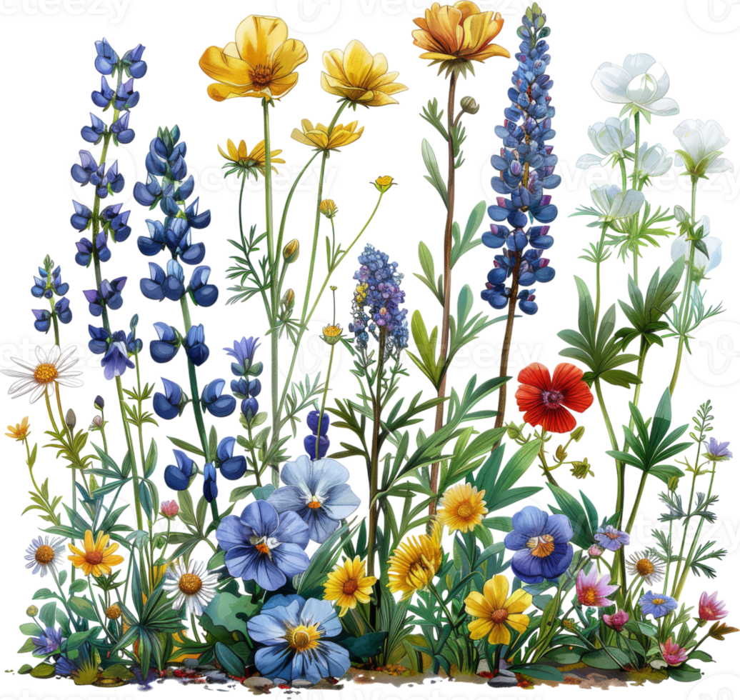 A colorful garden of flowers with a blue and white flower in the foreground. The flowers are arranged in a way that creates a sense of depth and movement. Scene is cheerful and vibrant png