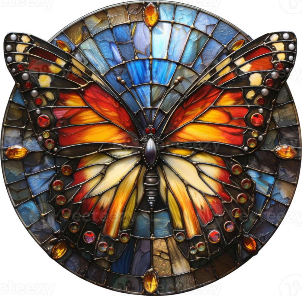 A butterfly is depicted in a stained glass window. The butterfly is orange and black, and it is surrounded by a blue and gold frame. Scene is one of beauty and elegance png