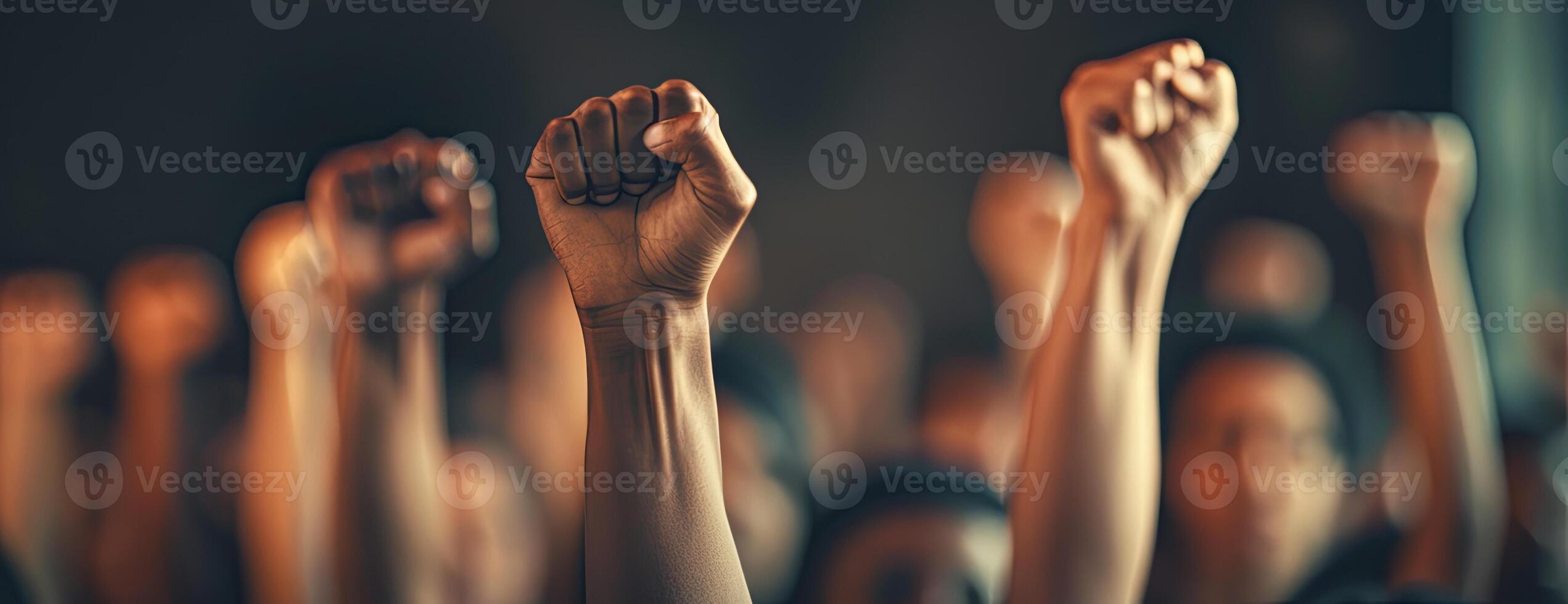 Close-up of raised fists in a crowd, symbolizing unity and strength. photo
