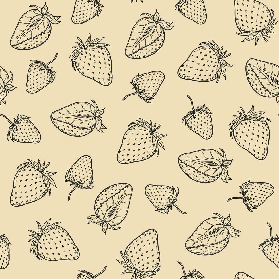 Strawberry seamless pattern, strawberries black line art illustration on beige background, hand drawn botanical outline sketch. Monochrome drawing. For digital background, packaging, textile. vector