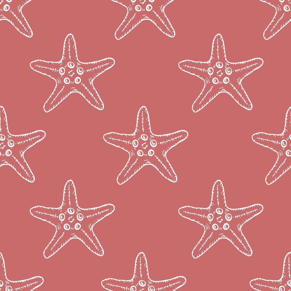 Seashells seamless pattern with starfish line art illustration on pink background. Hand drawn sea star sketch, undersea drawing. Summer ocean beach print for background, textile, fabric, wrapping vector