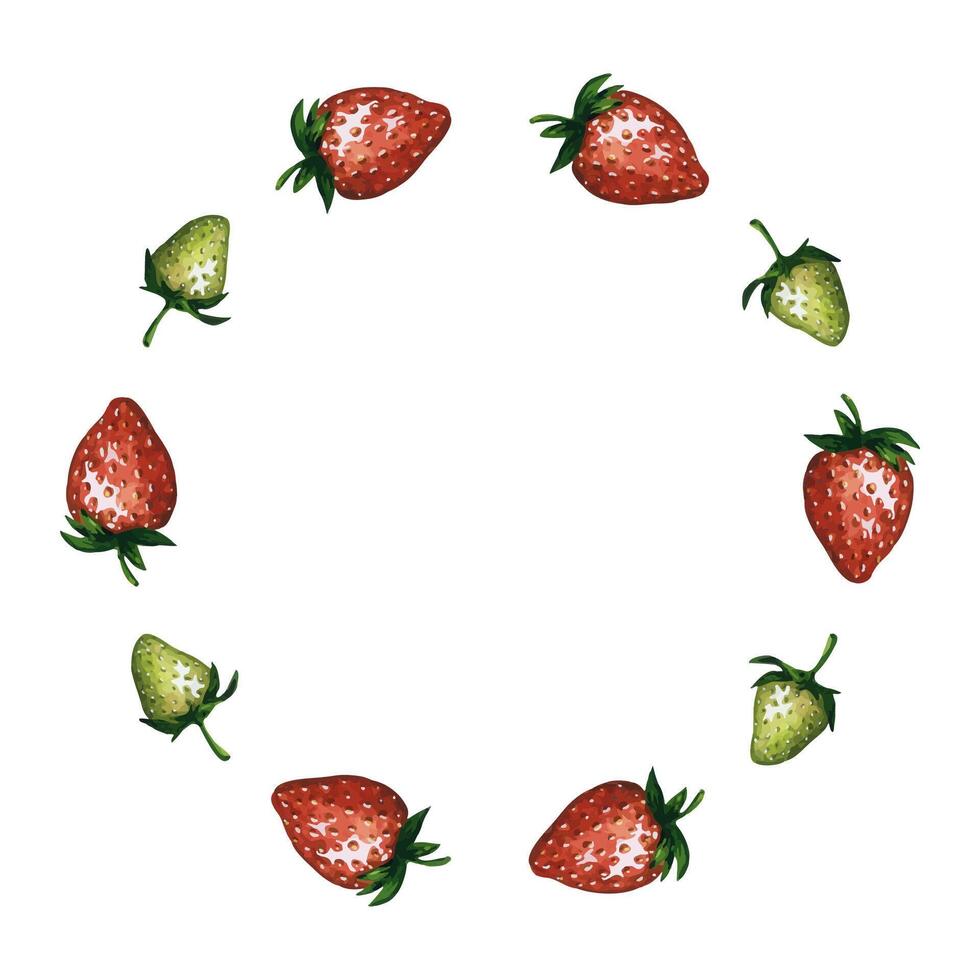 Strawberry wreath, round frame with red and green berries, hand drawn watercolor illustration. Ideal template for logo, banner, greeting card, invitation or menu design. vector