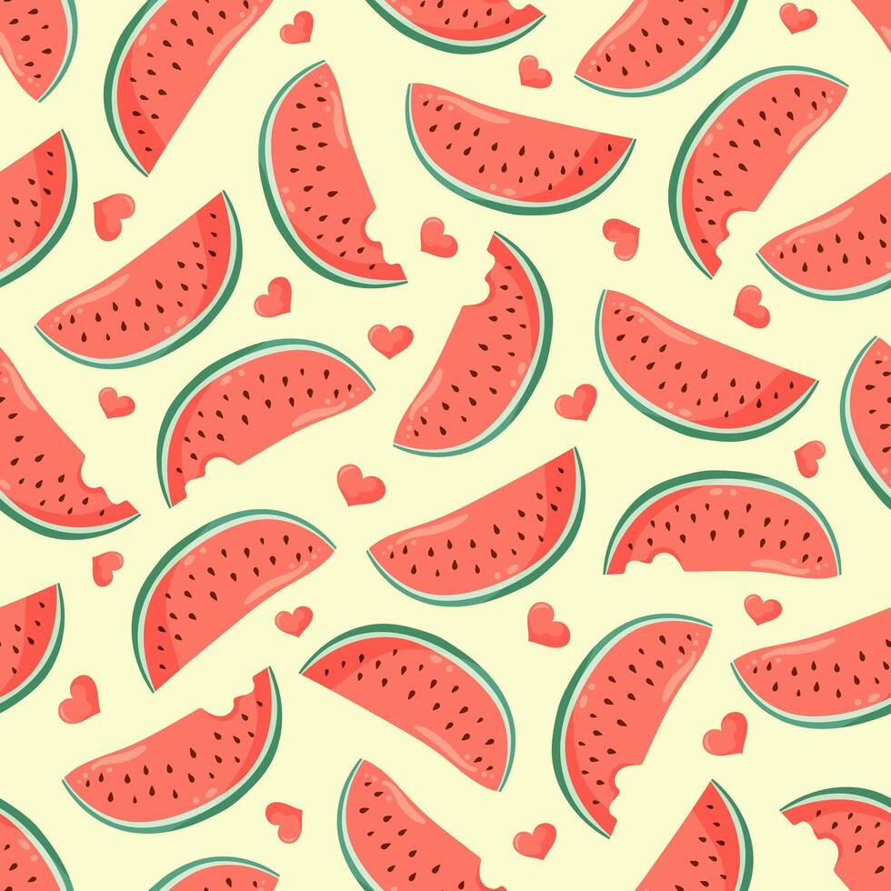 Juicy watermelon slices with small hearts seamless pattern. Summer fruit illustration. Tropical fruit background for Valentines day, baby fabric, kids textile, packaging, wrapping, scrapbook vector