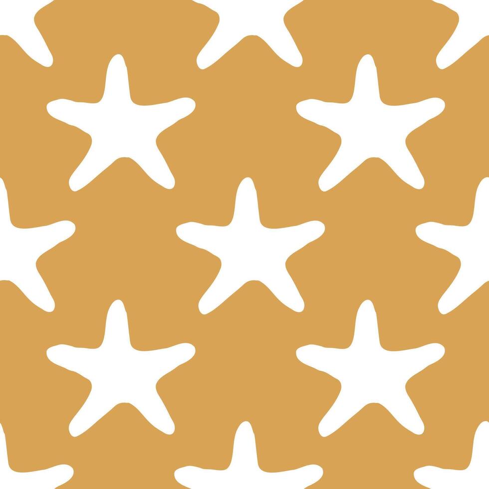 Seashells seamless pattern with starfish silhouette illustration in white color on yellow background. Sea star sketch, sea drawing. Summer ocean beach seaside print for background, textile, fabric vector