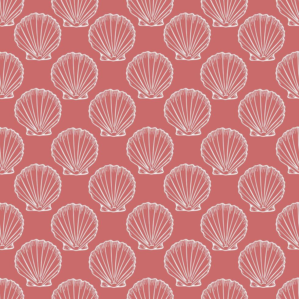 Seashells seamless pattern with line art illustration in white color on pink background. Scallop sketch, seashell line drawing. Summer beach ocean print for background, textile, fabric vector